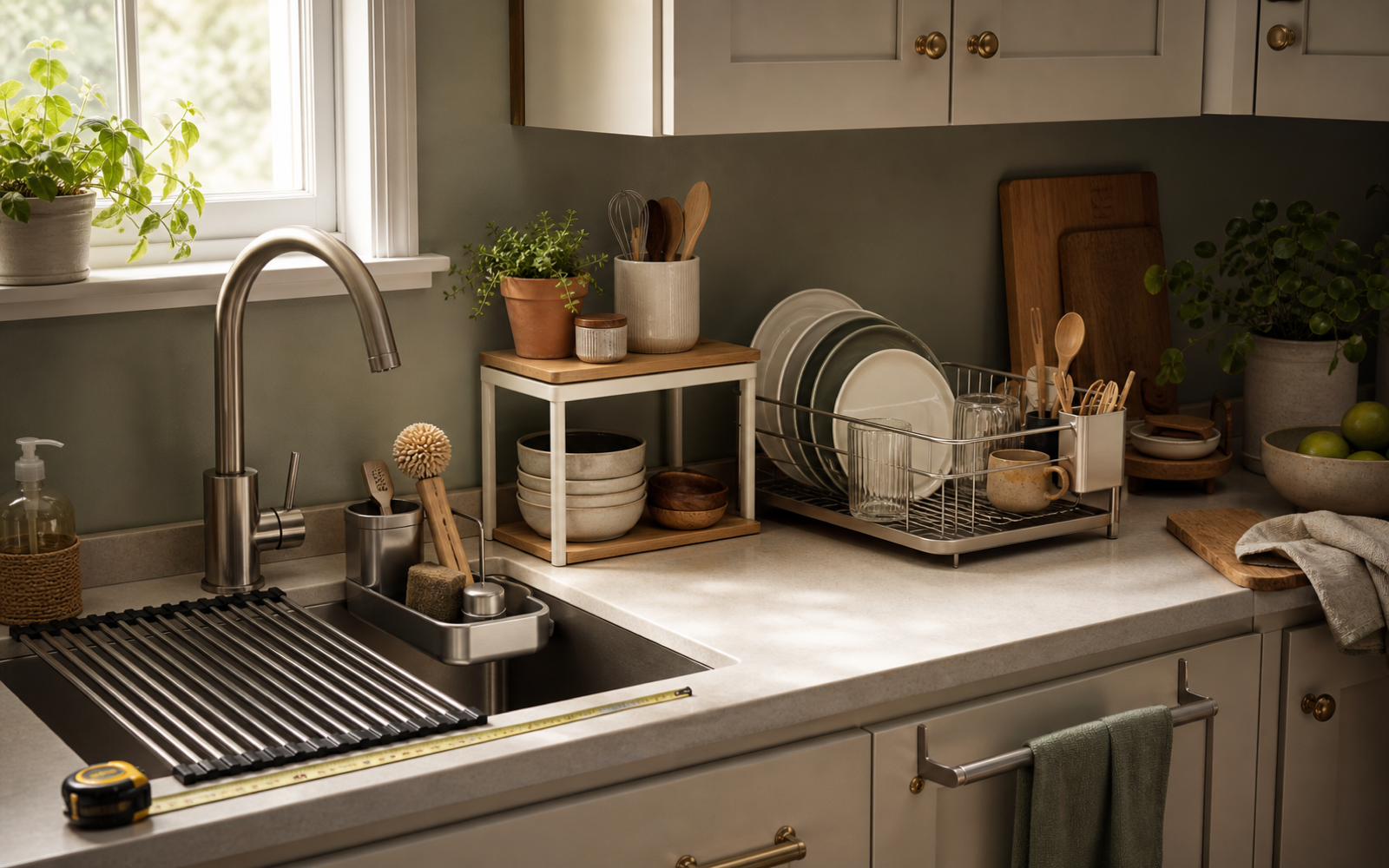 Small kitchen counter with a roll-up dish rack, compact drying rack, sink caddy, and measuring tape