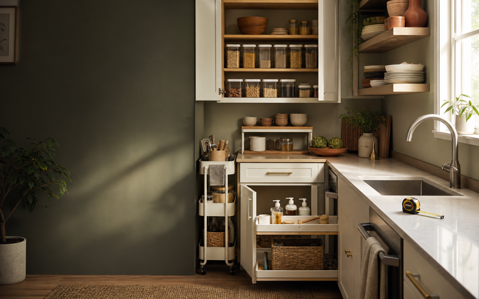 Compact apartment kitchen with cabinet bins, a slim cart, under-sink storage, and a measuring tape