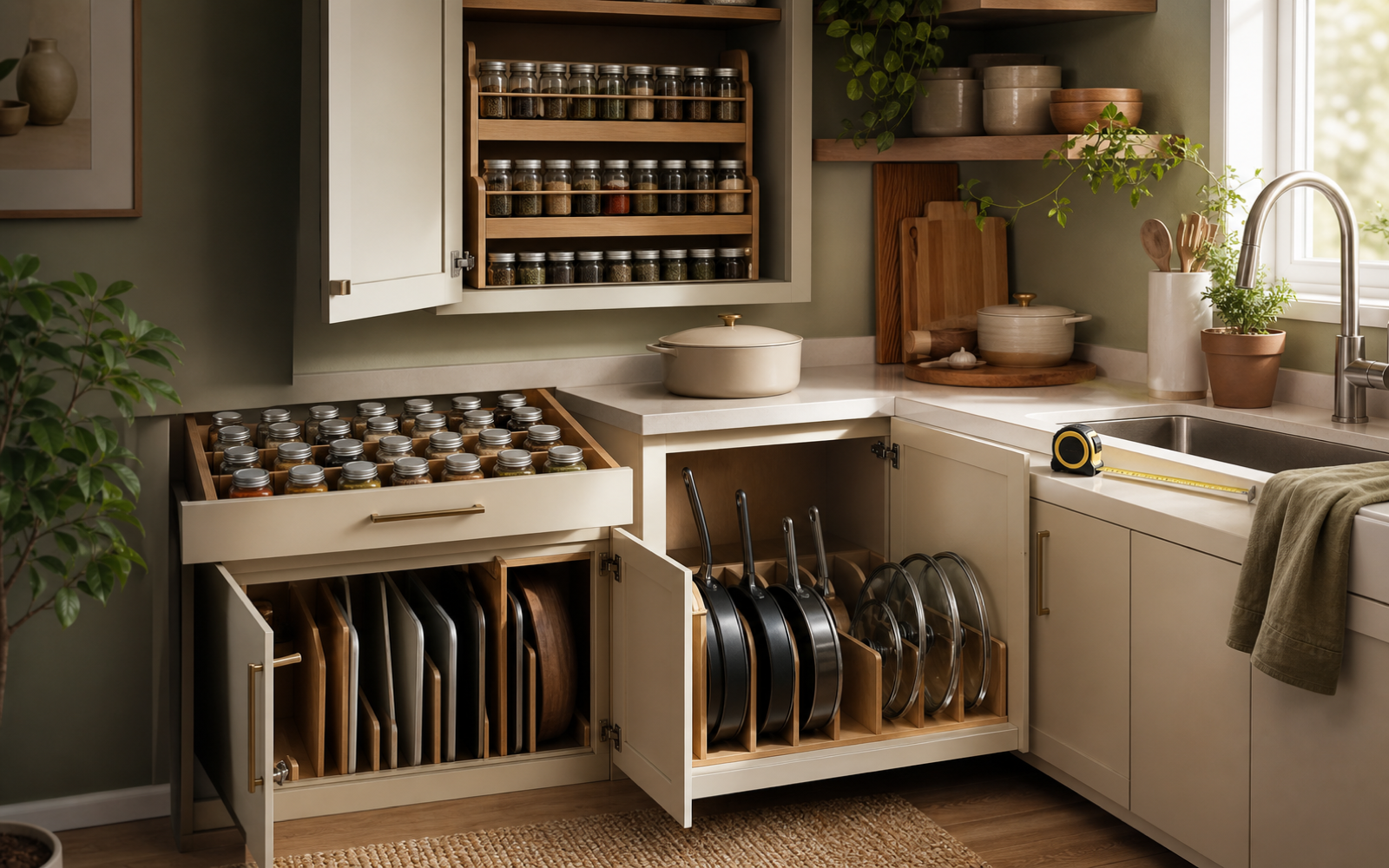 Compact kitchen with drawer spice storage, pot lid organizers, pan dividers, and measuring tape