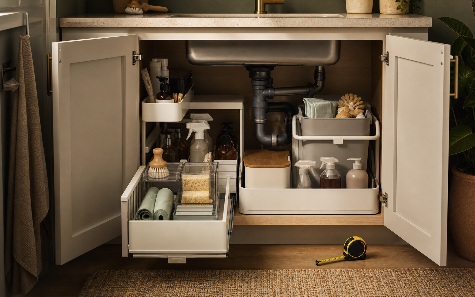 Open under-sink cabinet with pull-out organizers, cleaning caddies, pipes, and a measuring tape